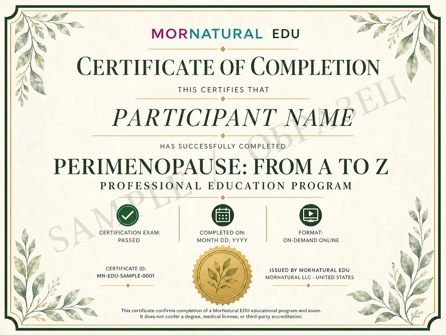 Образец сертификата MorNatural EDU для профессиональной программы «Перименопауза: от A до Z»